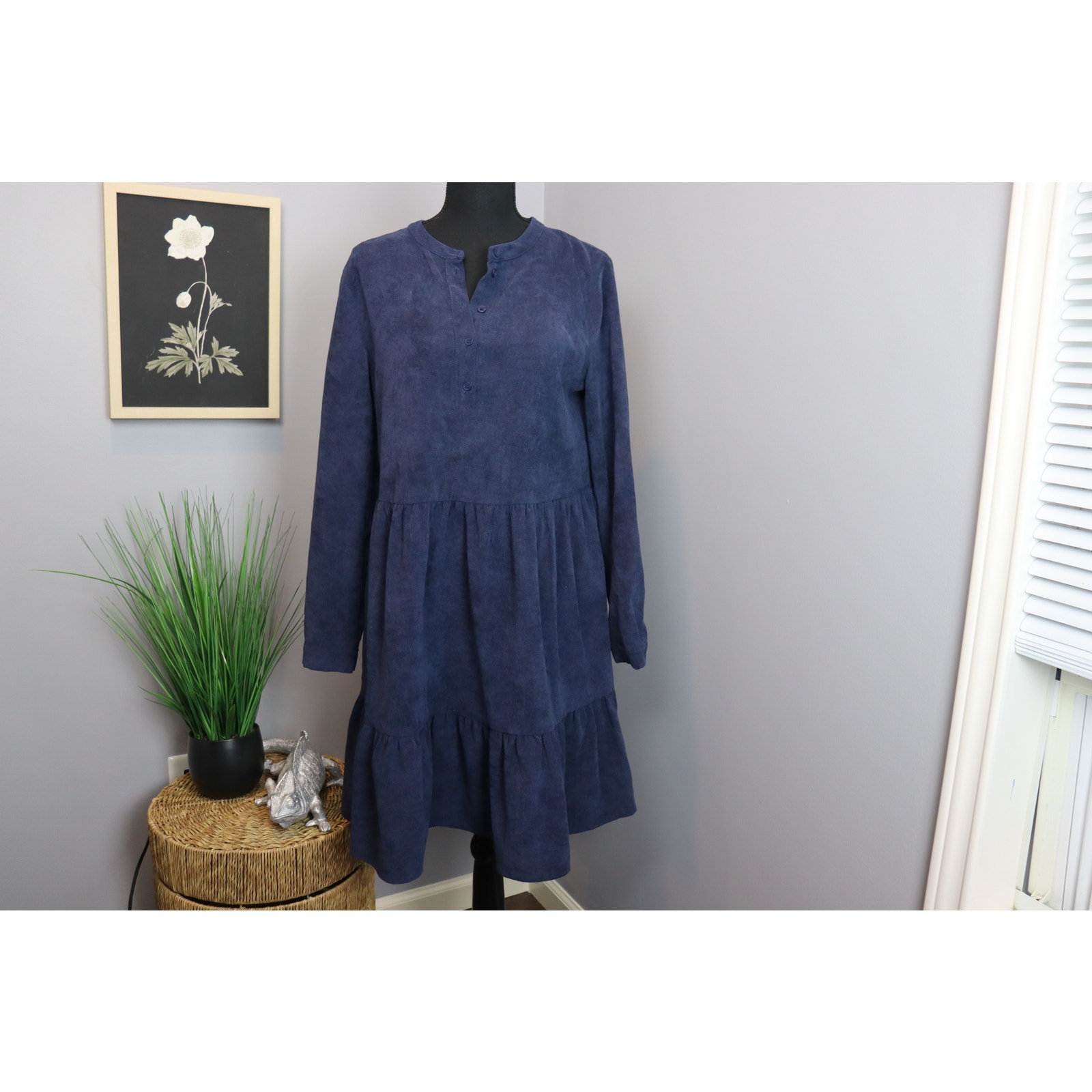 Ichi Corduroy Dress 36 Blue Womens Tiered Long Sleeve Casual
